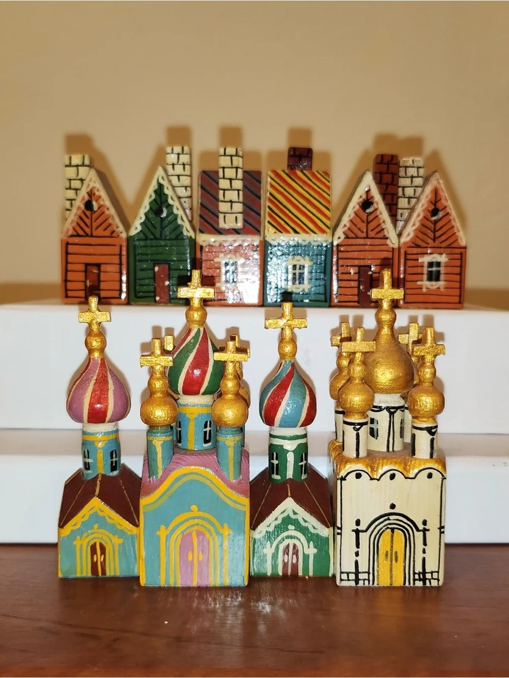 10 pc. Incredible Vintage Hand Painted Wood Russian Churches & Village Folk Art